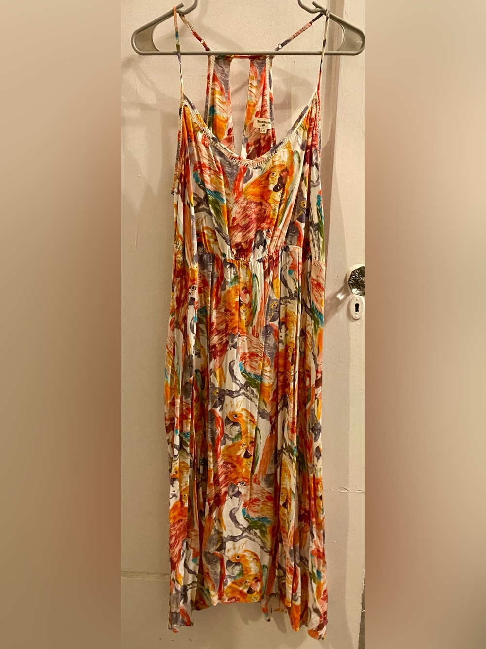 Cost Plus World Market Tropical Bird Print Maxi Dress - Orange Yellow Blue